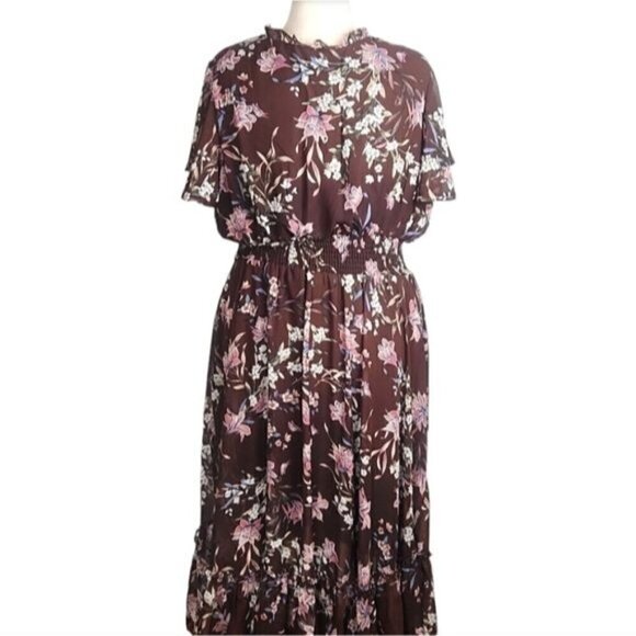 Lane Bryant Brown Floral Sleeve Flutter Bohemian Chiffon Maxi Dress Size 22/24W - Picture 9 of 13